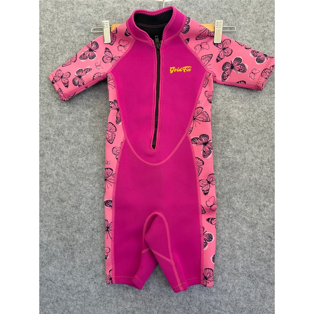 GoldFin Girls Pink Butterfly Shorty Wetsuit Size 4 Neoprene One Piece Swimsuit